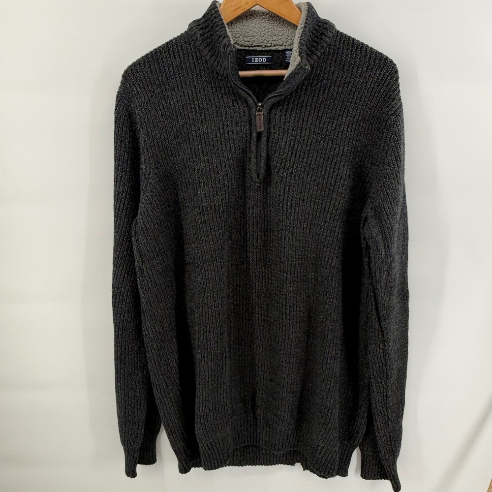 IZOD Mens XLT Gray Marl Ribbed Quarter Zip Sherpa Lined Sweater Pullover